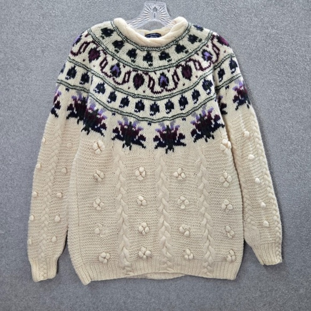 VINTAGE Woolrich Women Sweater Medium Cream Fair Isle Knobby Knit Fisherman